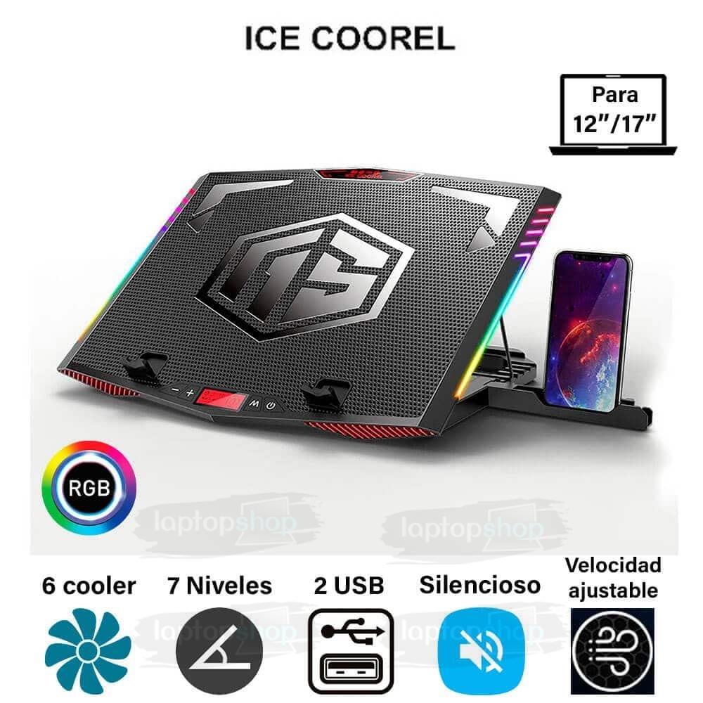 Laptop Gamer Cooler para laptop Ice Coorel K7, LED RGB, 6 Coolers, 2400 RPM, 6 Niveles, Laptops de 12" a 17" Cooler para laptop Ice Coorel K7, LED RGB, 6 Coolers, 2400 RPM, 6 Niveles, Laptops de 12" a 17"