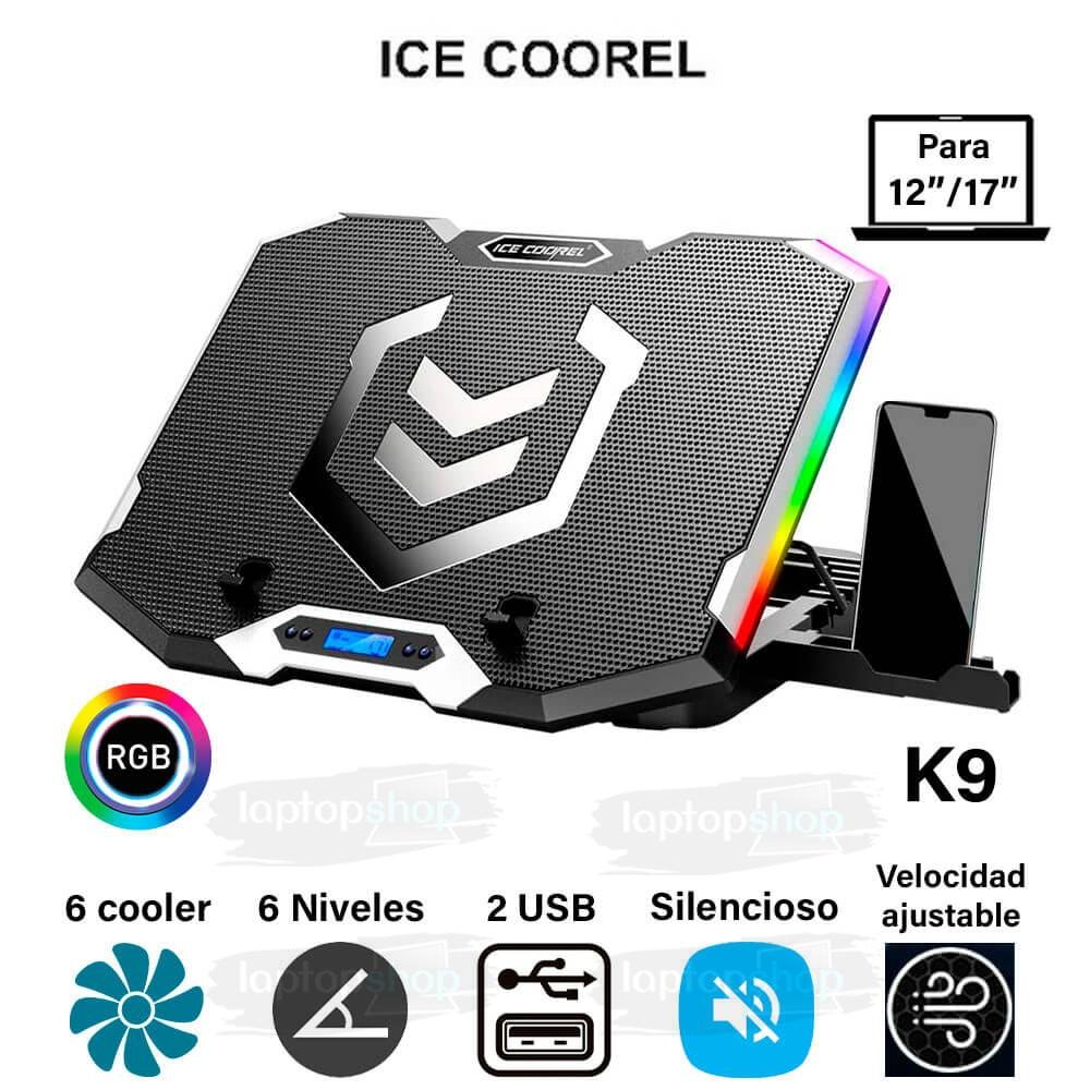 Laptop Gamer Cooler para laptop Ice Coorel K9, LED RGB, 6 Coolers, 2500 RPM, 6 Niveles, Laptops de 12" a 17" Cooler para laptop Ice Coorel K9, LED RGB, 6 Coolers, 2500 RPM, 6 Niveles, Laptops de 12" a 17"