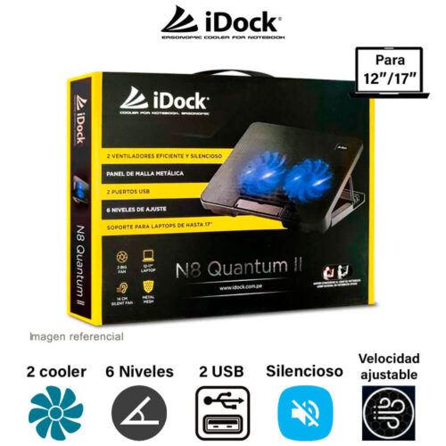 Cooler iDock N8 Quantum II, LED azul, 2 Coolers, 1500 RPM, 6 Niveles, Laptops hasta 15"