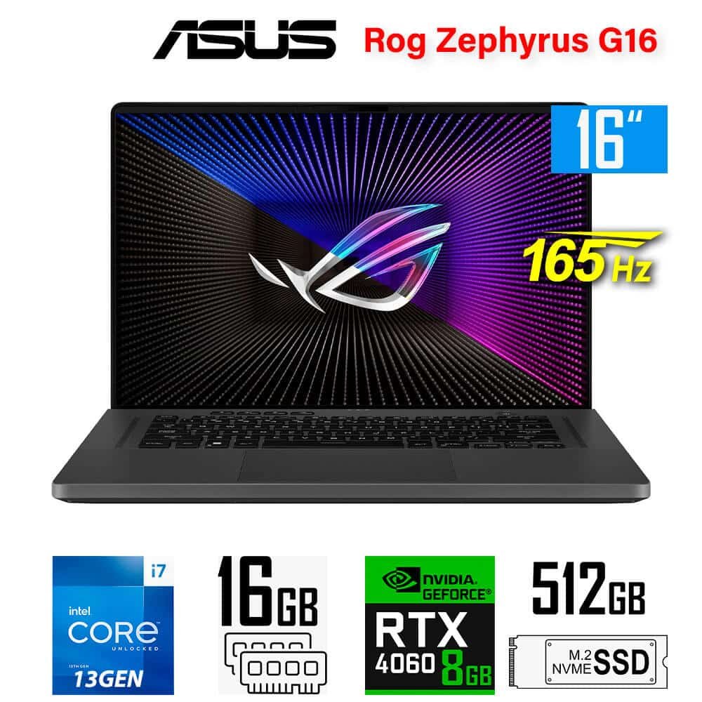 Laptop Gamer Asus ROG Zephyrus G16, Core i7-13620H, 8GB RTX4060, 16GB RAM, 512GB SSD, 16" FHD 165Hz Asus ROG Zephyrus G16 GU603VV-G16 (1)
