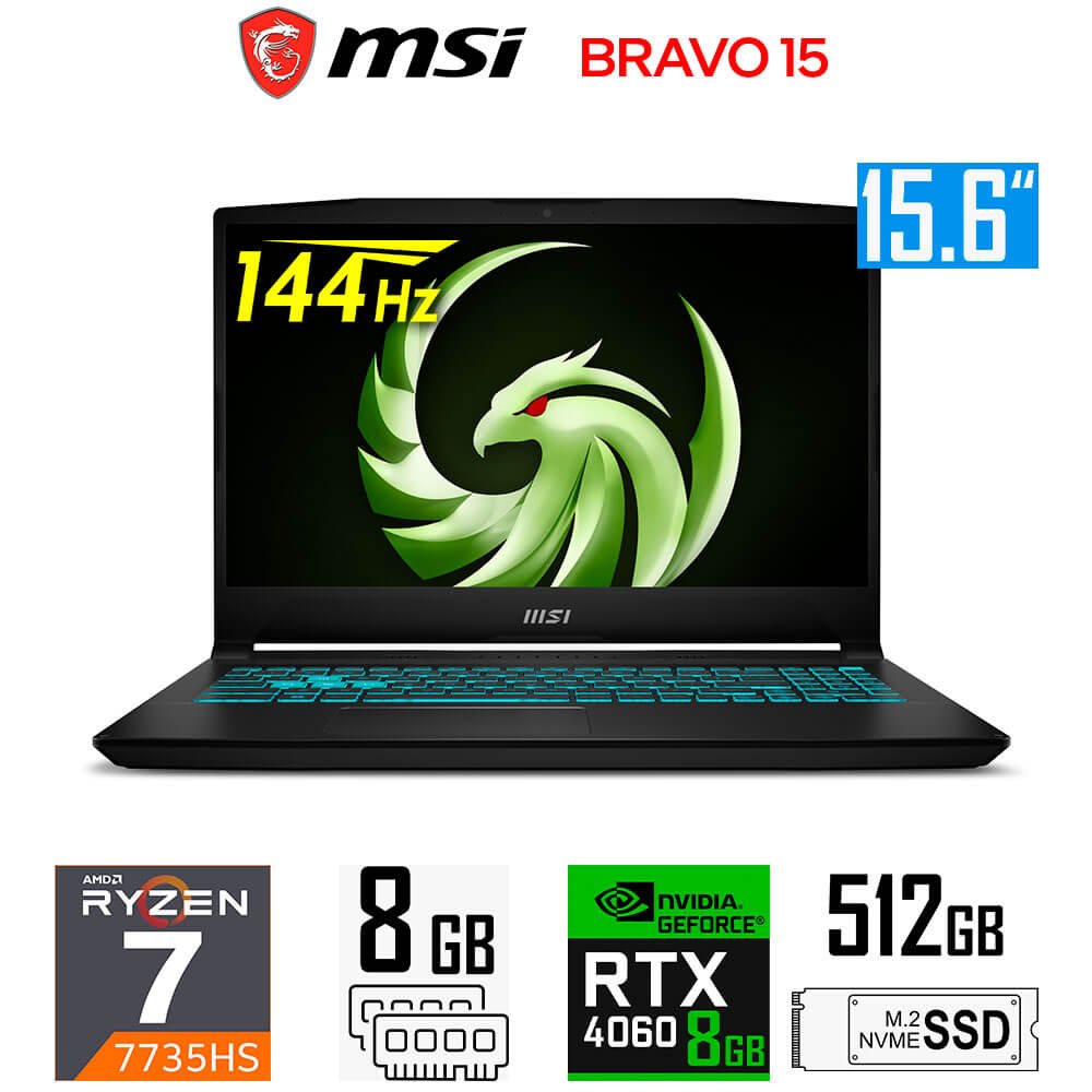 Laptop Gamer MSI Bravo 15 C7VF, Ryzen 7-7735HS, 8GB RTX4060, 8GB RAM, 512GB SSD, 15.6" FHD 144Hz MSI Bravo 15 C7VF-009US