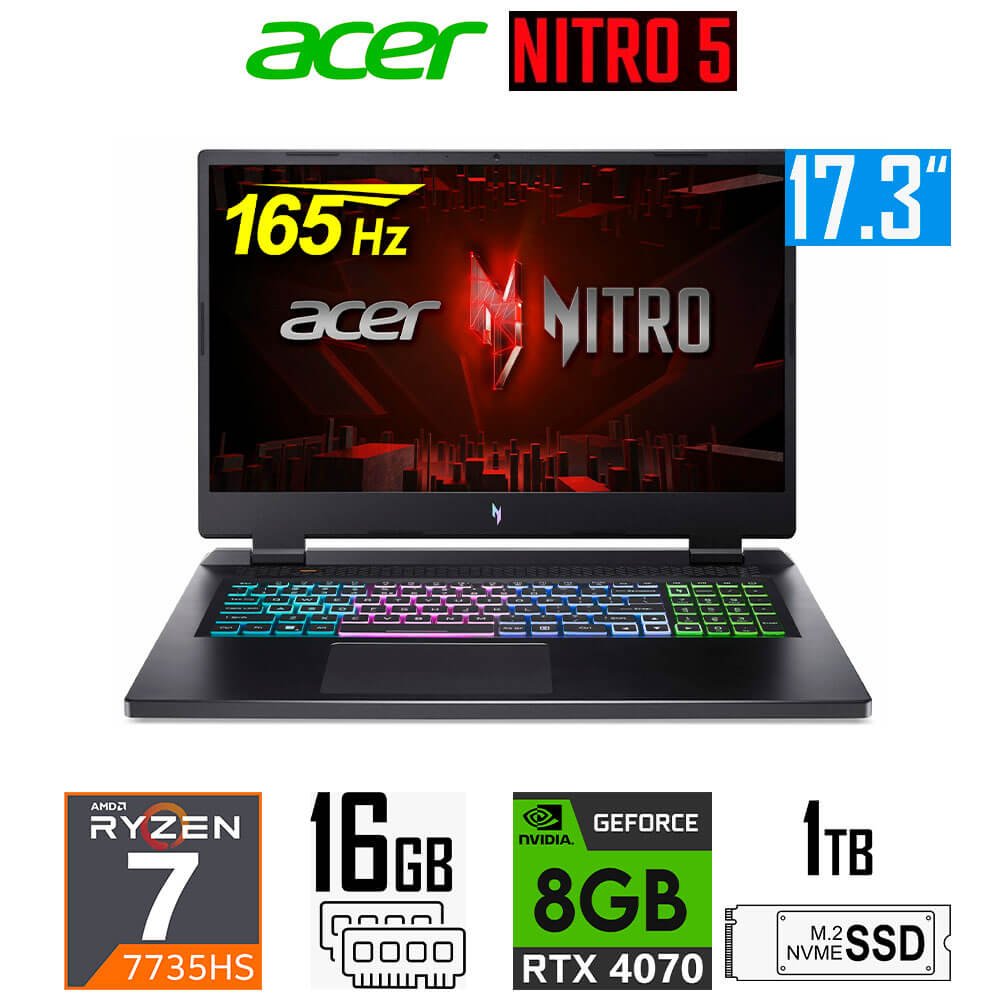 Laptop Gamer Acer Nitro 17 AN17-41, Ryzen 7-7735HS, 8GB RTX4070, 16GB RAM, 1TB SSD, 17.3" QHD 165Hz Acer Nitro 5 AN17-41-R7GT (1)