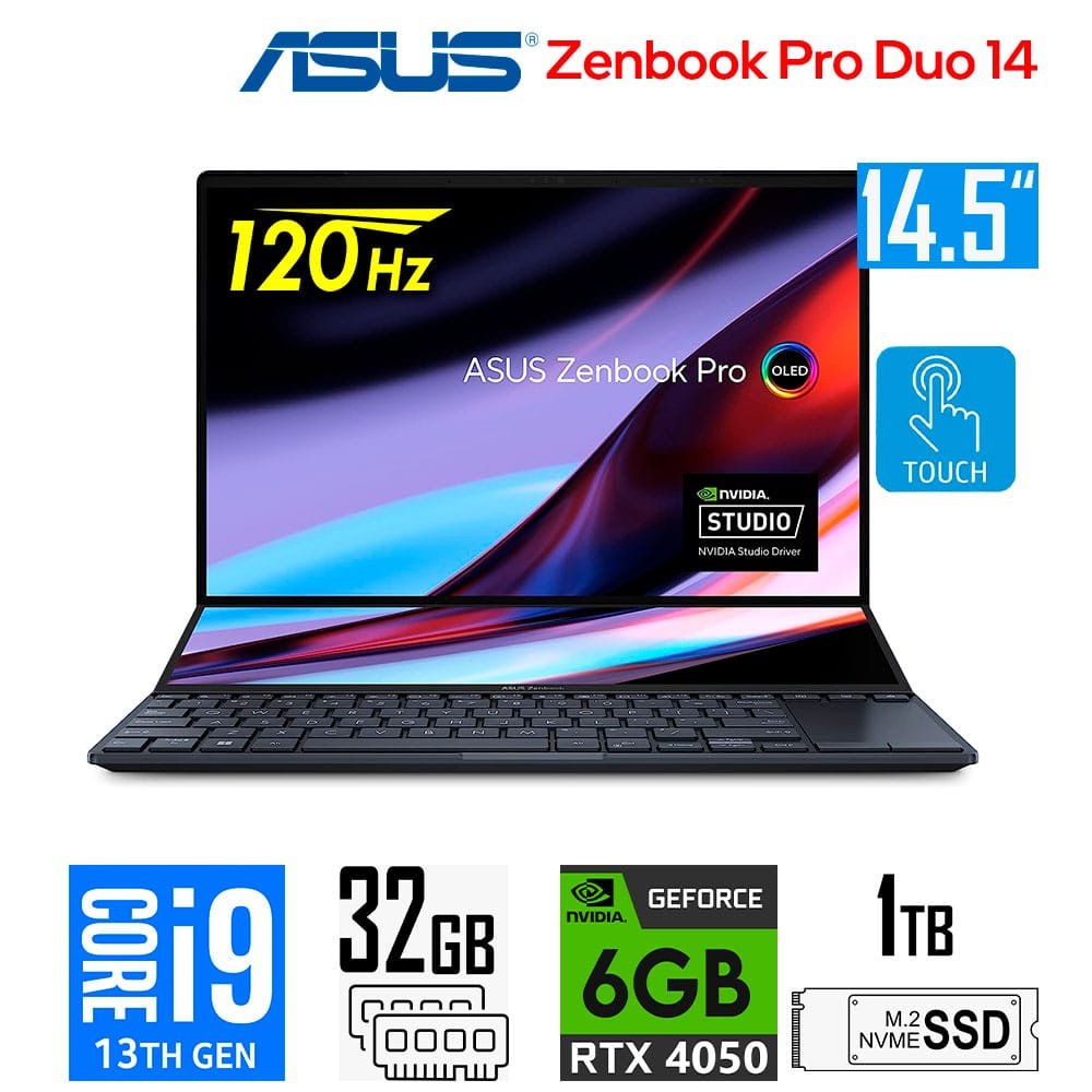 Laptop Gamer Asus Zenbook Pro Duo 14 OLED, Core i9-13900H, 6GB RTX4050, 32GB RAM, 1TB SSD, 14.5" WQXGA 120Hz Tactil Asus Zenbook Pro Duo 14 OLED UX8402VU-AS96T