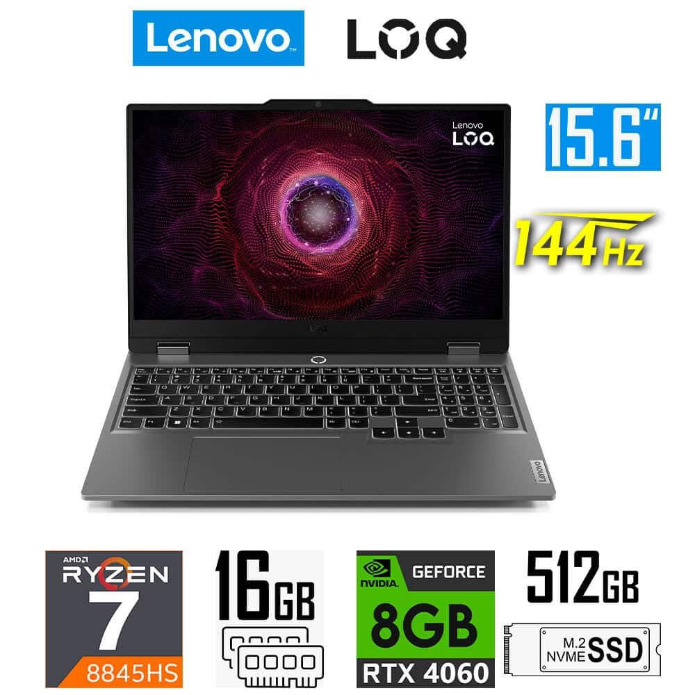 Laptop Gamer Lenovo LOQ 15AHP9, Ryzen 7-8845HS, 8GB RTX4060, 16GB RAM, 512GB SSD, 15.6" FHD 144Hz Lenovo LOQ 15AHP9 83DX0005US (1)