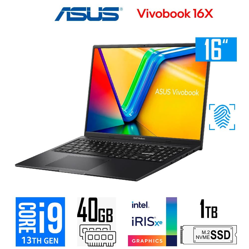 Laptop Gamer Asus Vivobook 16X, Core i9-13900H, Iris Xe Graphics, 40GB RAM, 1TB SSD, 16" WUXGA LED ASUS Vivobook 16 X1605VA-MB195