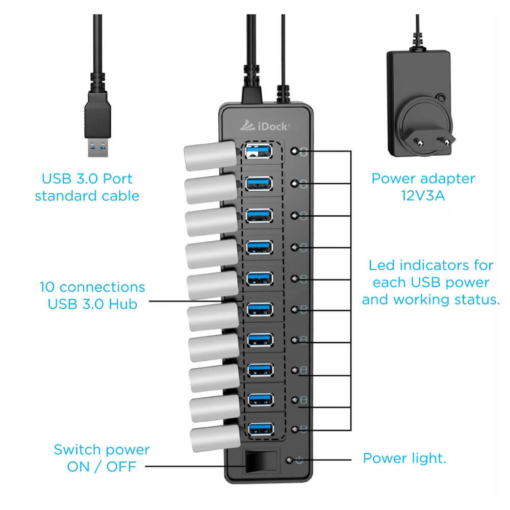 Laptop Gamer Puertos HUB Idock 10 Puertos USB 3.0 con adaptador de corriente Puertos HUB Idock 10 Puertos USB 3.0 con adaptador de corriente - Imagen 4