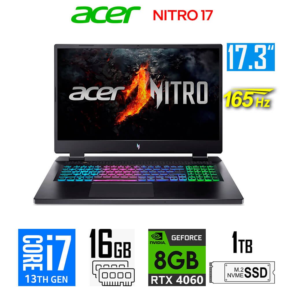 Laptop Gamer Acer Nitro 17 ANV17, Core i7-14650HX, 8GB RTX4060, 16GB RAM, 1TB SSD, 17.3" FHD 165Hz Acer Nitro 17 ANV17-72-734A