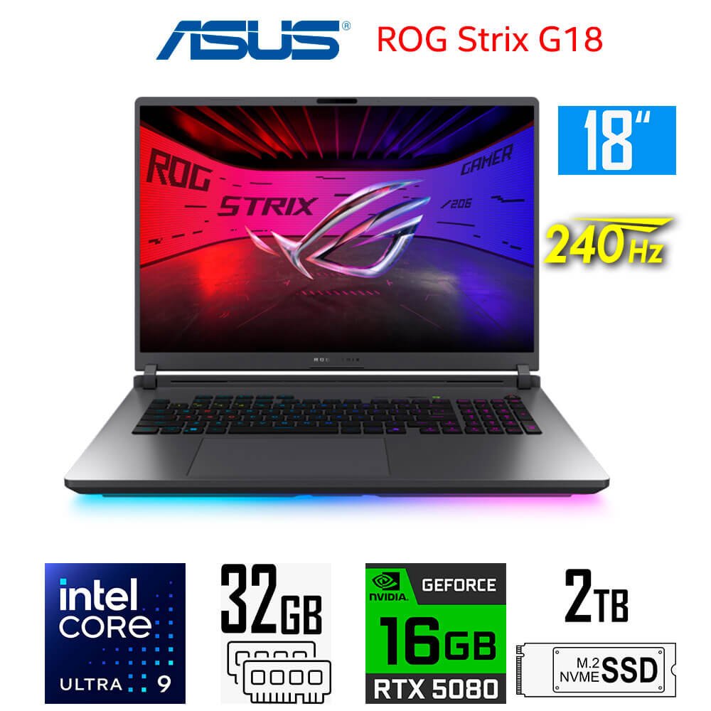 Laptop Gamer Asus ROG Strix G18 (2025), Core Ultra 9-275HX, 16GB RTX5080, 32GB RAM, 2TB SSD, 18″ 2.5K WQXGA 240Hz Asus ROG Strix G18 G815LW-G18 (1)
