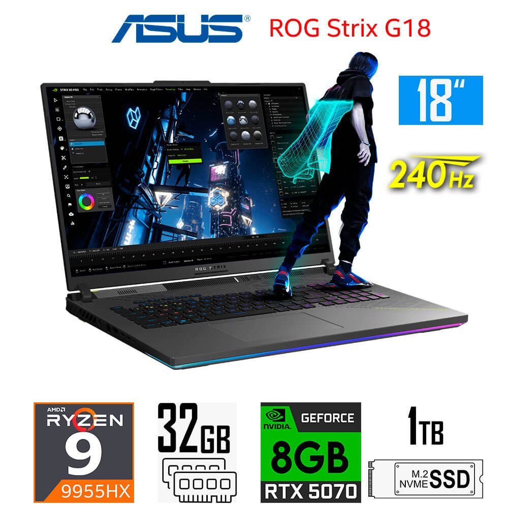 Laptop Gamer Asus ROG Strix G18, Ryzen 9-9955HX, 8GB RTX5070, 32GB RAM, 1TB SSD, 18" 2.5K WQXGA 240Hz Asus ROG Strix G18 G814FP-WS96 (1)