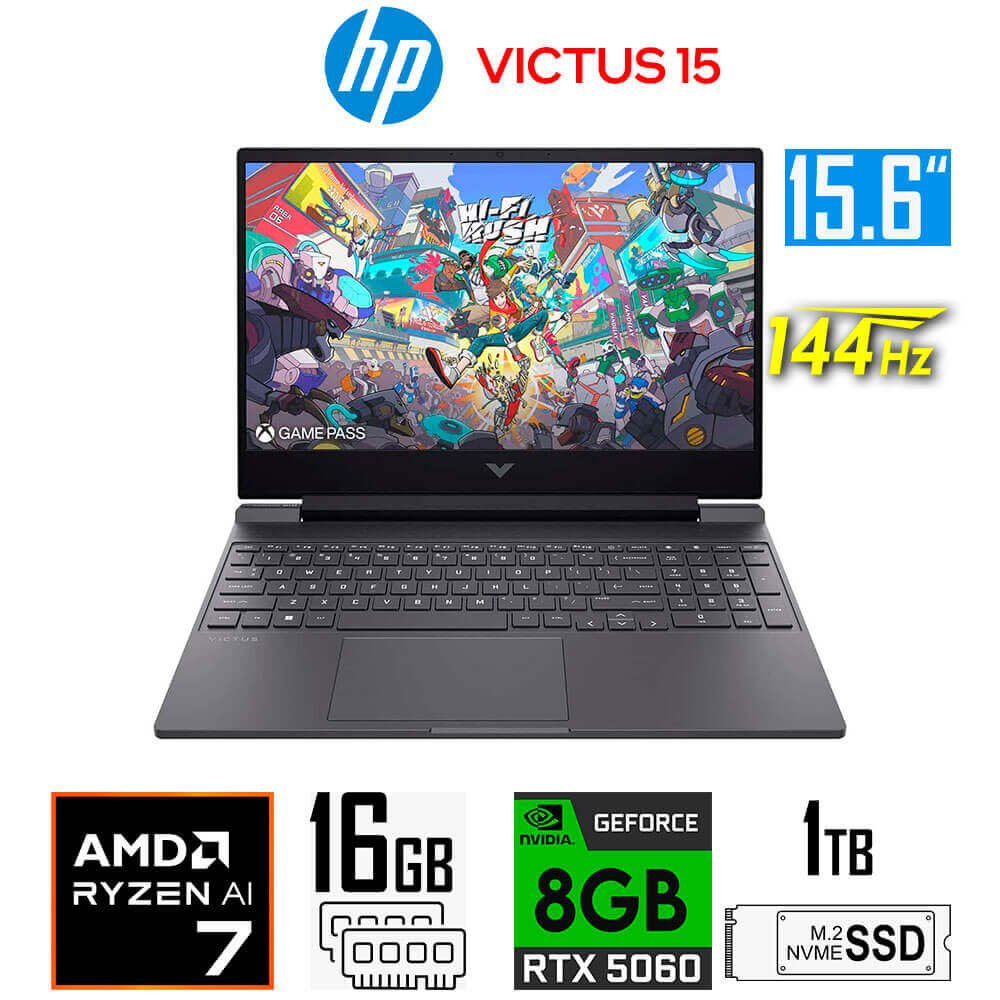 Laptop Gamer HP Victus 15-FB Gaming, Ryzen AI 7-350, 8GB RTX5060, 16GB RAM, 1TB SSD, 15.6" FHD 144Hz HP Victus 15-FB3001NR (1)