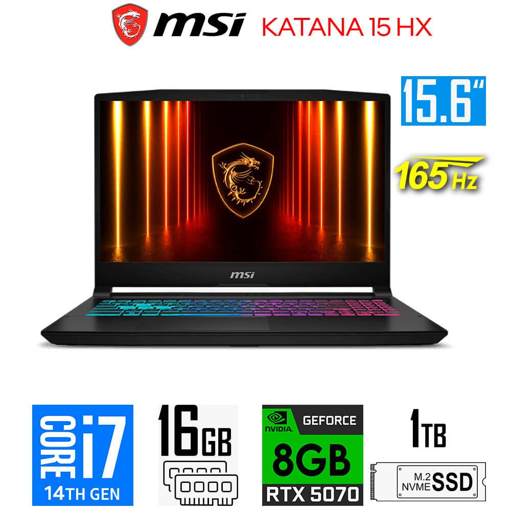 Laptop Gamer MSI Katana 15 HX B14WGK, Core i7-14650HX, 8GB RTX5070, 16GB RAM, 1TB SSD, 15.6" QHD 165Hz MSI Katana 15 HX B14WGK-293US (1)