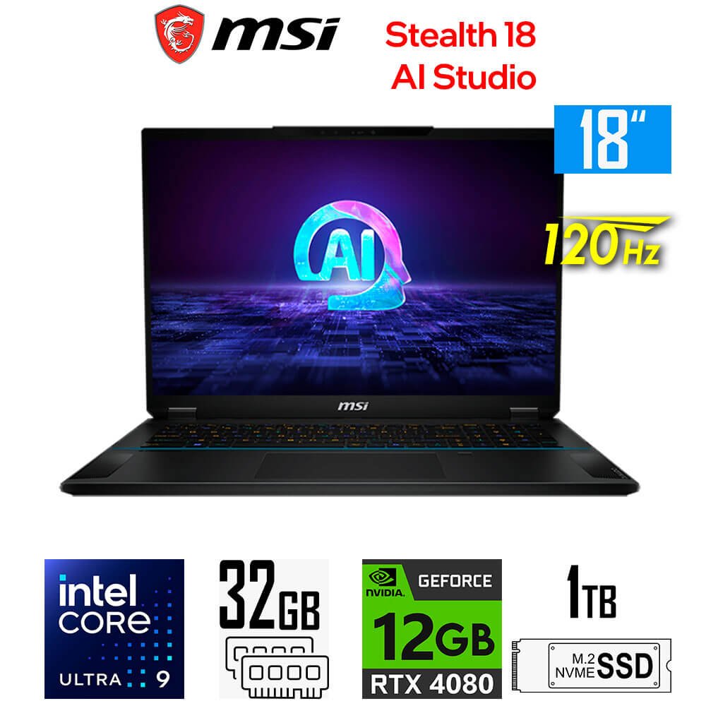 Laptop Gamer MSI Stealth 18 AI Studio, Core ULTRA 9-185H, 12GB RTX4080, 32GB RAM, 1TB SSD, 18" UHD+ 120Hz Mini LED MSI Stealth 18 AI Studio A1VHG-008US (1)