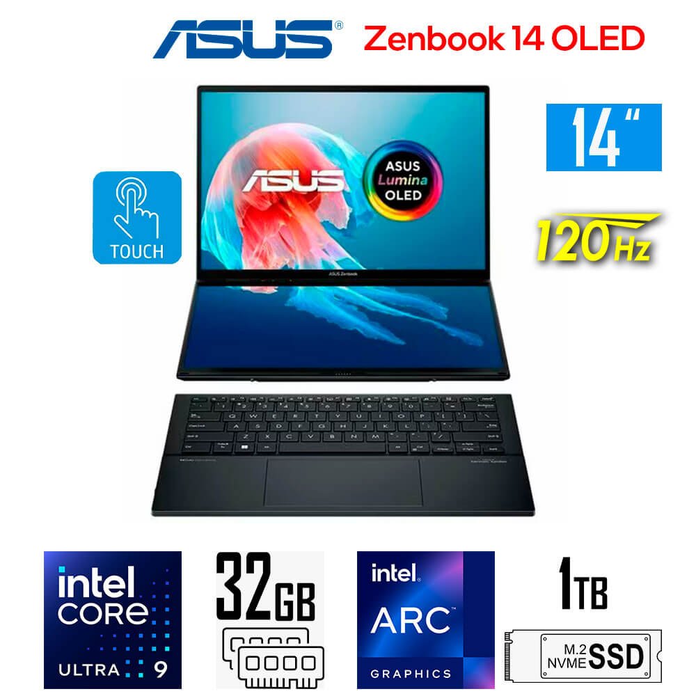 Laptop Gamer Asus Zenbook DUO 14 OLED, Core Ultra 9-285H, Arc Graphics, 32GB RAM, 1TB SSD, 14″ 3K OLED 120Hz Tactil Asus Zenbook DUO 14 OLED -UX8406CA-PZ073W