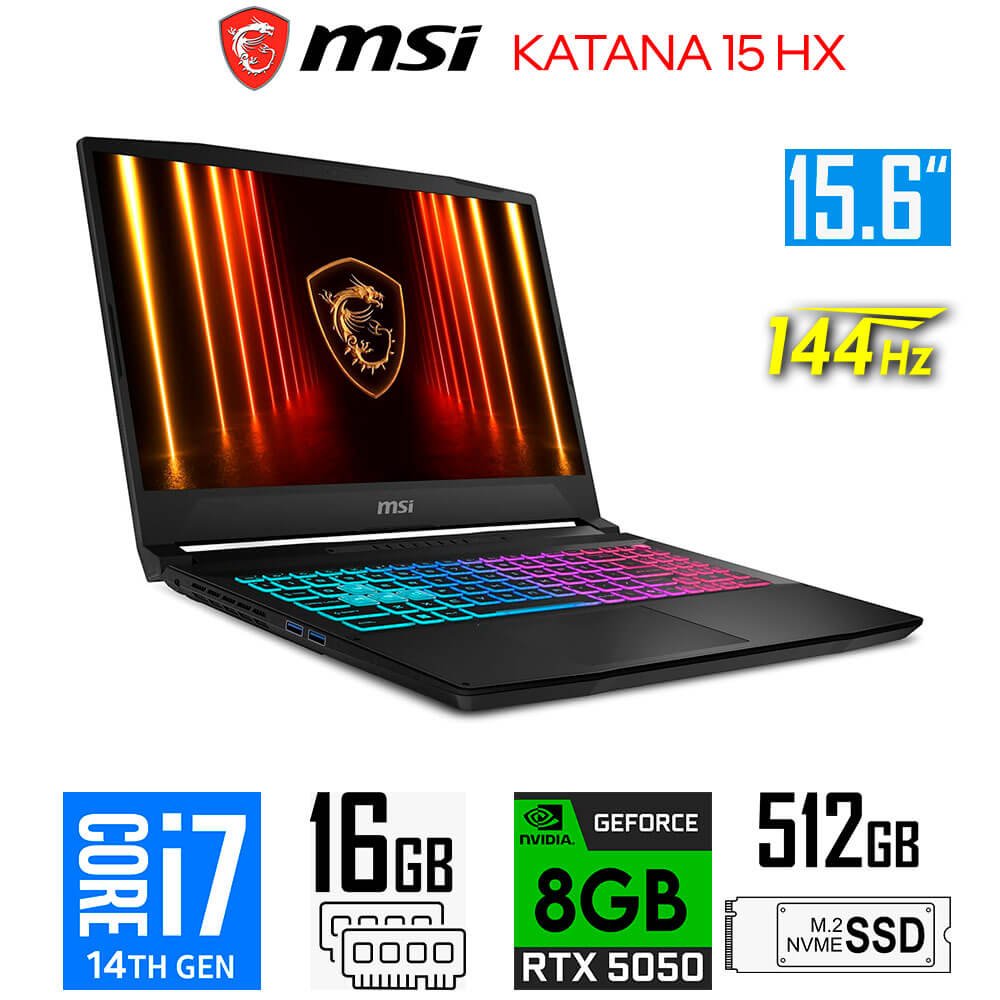 Laptop Gamer MSI Katana 15 HX B14WGK, Core i7-14650HX, 8GB RTX5050, 16GB RAM, 512GB SSD, 15.6" FHD 144Hz MSI Katana 15 HX B14WEK-001US