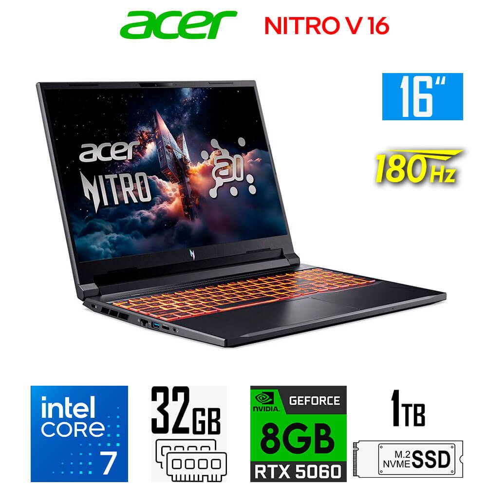 Laptop Gamer Acer Nitro V 16 ANV16, Core 7-240H, 8GB RTX5060, 32GB RAM, 1TB SSD, 16" WUXGA 180Hz Acer Nitro V 16 ANV16 ANV16-72-7809