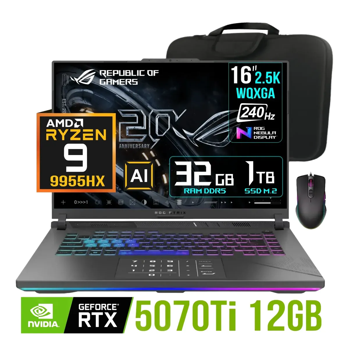 Laptop Gamer Asus ROG Strix G16 G614FR, Ryzen 9-9955HX, 12GB RTX5070Ti, 32GB RAM, 1TB SSD, 16" 2.5K 240Hz ASUS ROG STRIX G16 AMD RYZEN 9 9955HX RTX 5070 TI 32GB RAM 1TB SSD