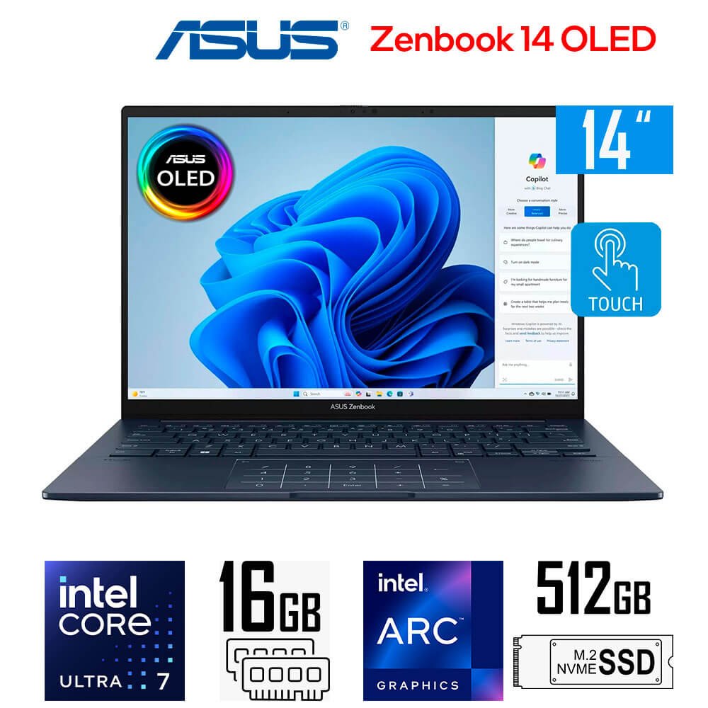 Laptop Gamer Asus Zenbook 14 OLED, Core Ultra 7-255H, Intel Arc Graphics, 16GB RAM, 512GB SSD, 14" WUXGA Tactil Asus Zenbook 14 OLED UX3405CA-U7512 (1)