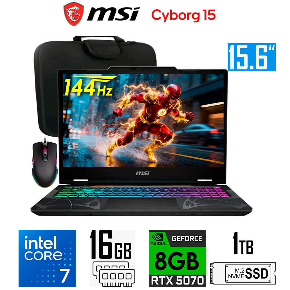 Laptop Gamer MSI Cyborg 15 B2RWGKG, Core 7-240H, 8GB RTX5070, 16GB RAM, 1TB SSD, 15.6" FHD 144Hz MSI Cyborg 15 B2RWGKG-409US