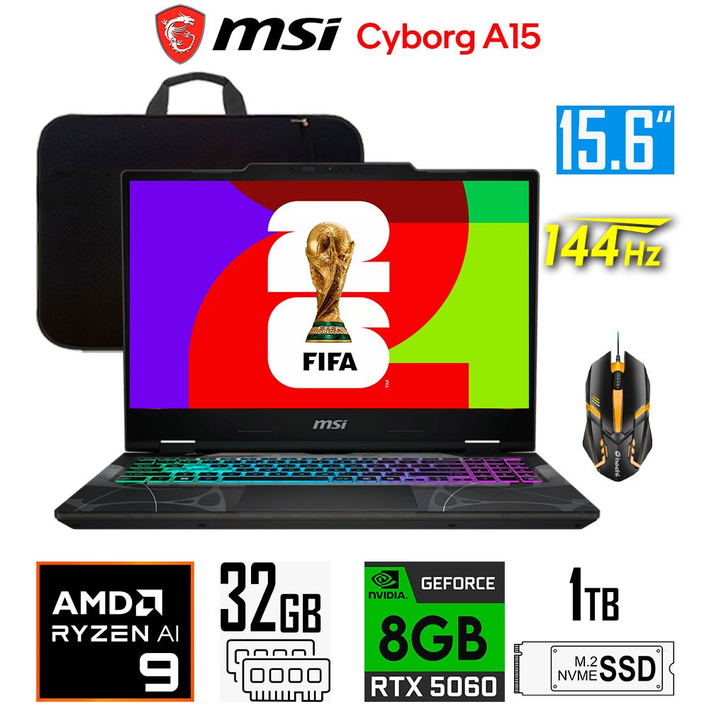 Laptop Gamer MSI Cyborg A15 B2H, Ryzen 9-270, 8GB RTX5060, 32GB RAM, 1TB SSD, 15.6" FHD 144Hz MSI Cyborg A15 B2HWFKG-006US (1)