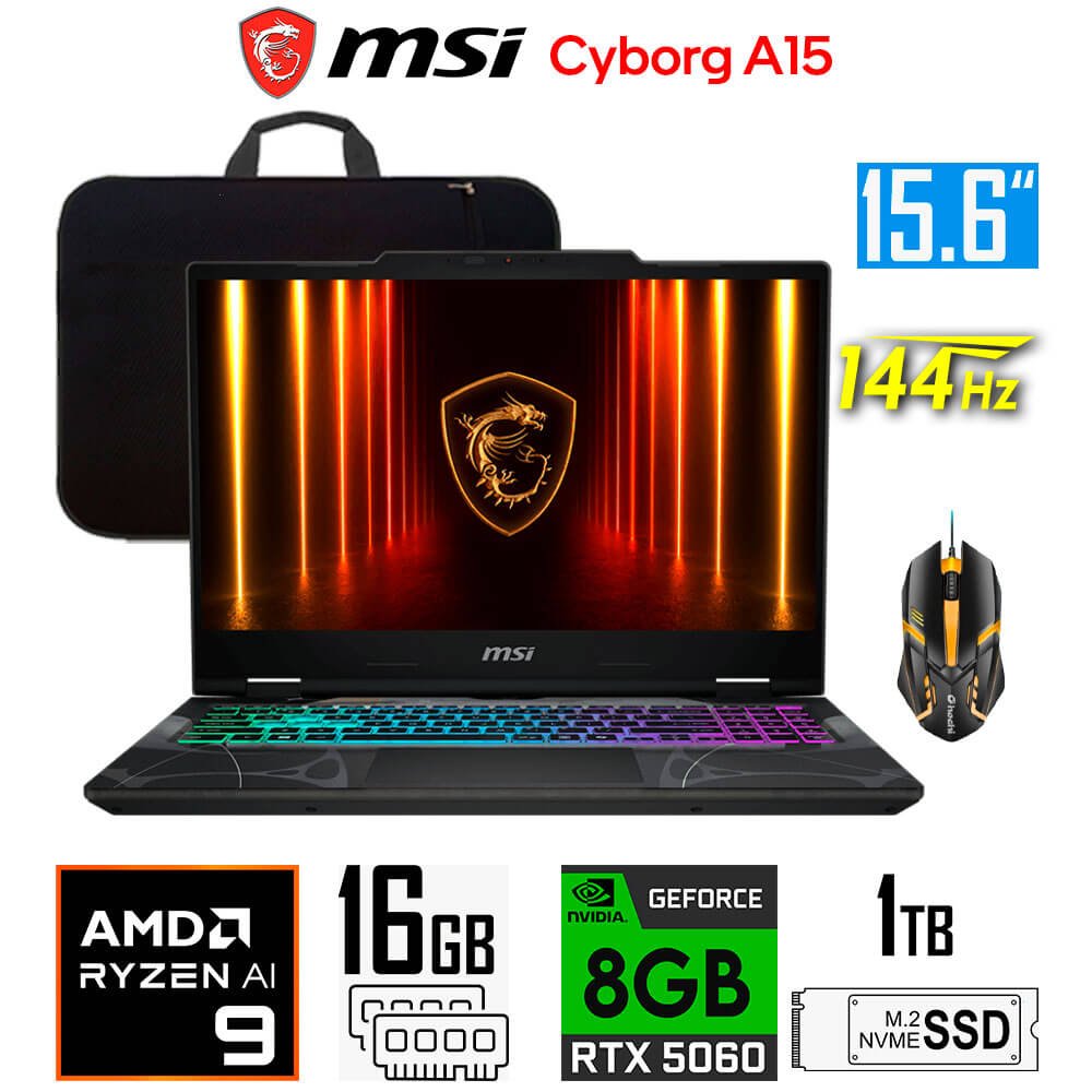 Laptop Gamer MSI Cyborg A15 B2H, Ryzen 9-270, 8GB RTX5060, 16GB RAM, 1TB SSD, 15.6" FHD 144Hz MSI Cyborg A15 B2HWFKG-006US