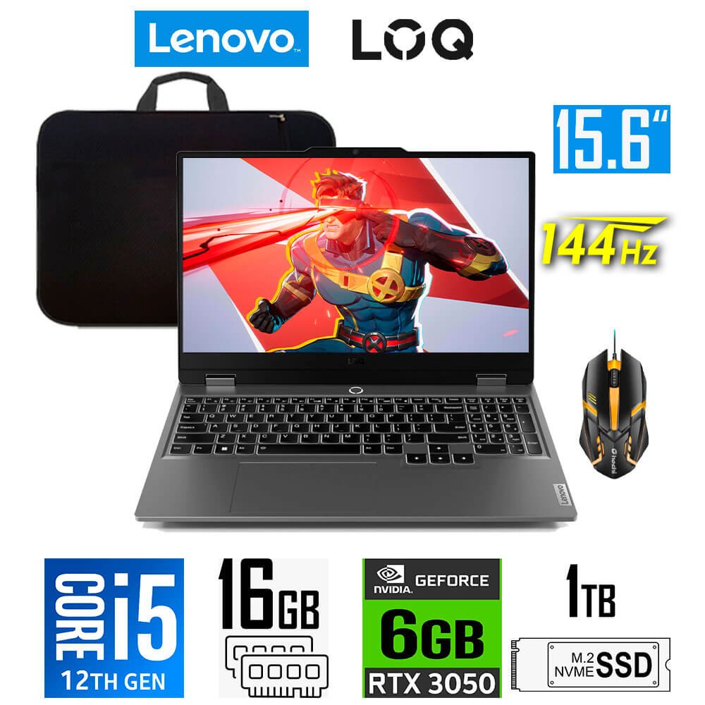 Laptop Gamer Lenovo LOQ 15IAX9, Core i5-12450HX, 6GB RTX3050, 16GB RAM, 1TB SSD, 15.6" FHD 144Hz Lenovo LOQ 15IAX9 83GS000BLM (1)