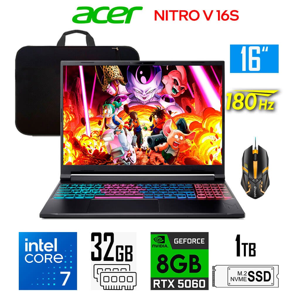 Laptop Gamer Acer Nitro V 16S AI, Core 7-240H, 8GB RTX5060, 32GB RAM, 1TB SSD, 16" WUXGA 180Hz Acer Nitro V 16S ANV16S-71-7771 (01)
