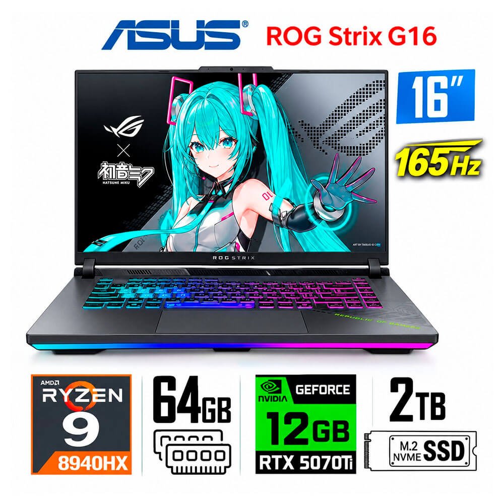 Laptop Gamer Asus ROG Strix G16 G614PR, Ryzen 9-8940HX, 12GB RTX5070Ti, 64GB RAM, 2TB SSD, 16" WUXGA 165Hz Laptop gamer Asus ROG Strix G16 G614PR-G16.R95070TI (01)