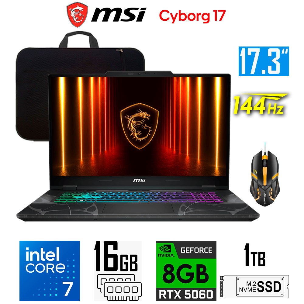 Laptop Gamer Laptop gamer MSI Cyborg 17 B2RWFKG, Core 7-240H, 8GB RTX5060, 16GB RAM, 1TB SSD, 17.3" FHD 144Hz Laptop gamer MSI Cyborg 17 B2RWFKG-074US (0)