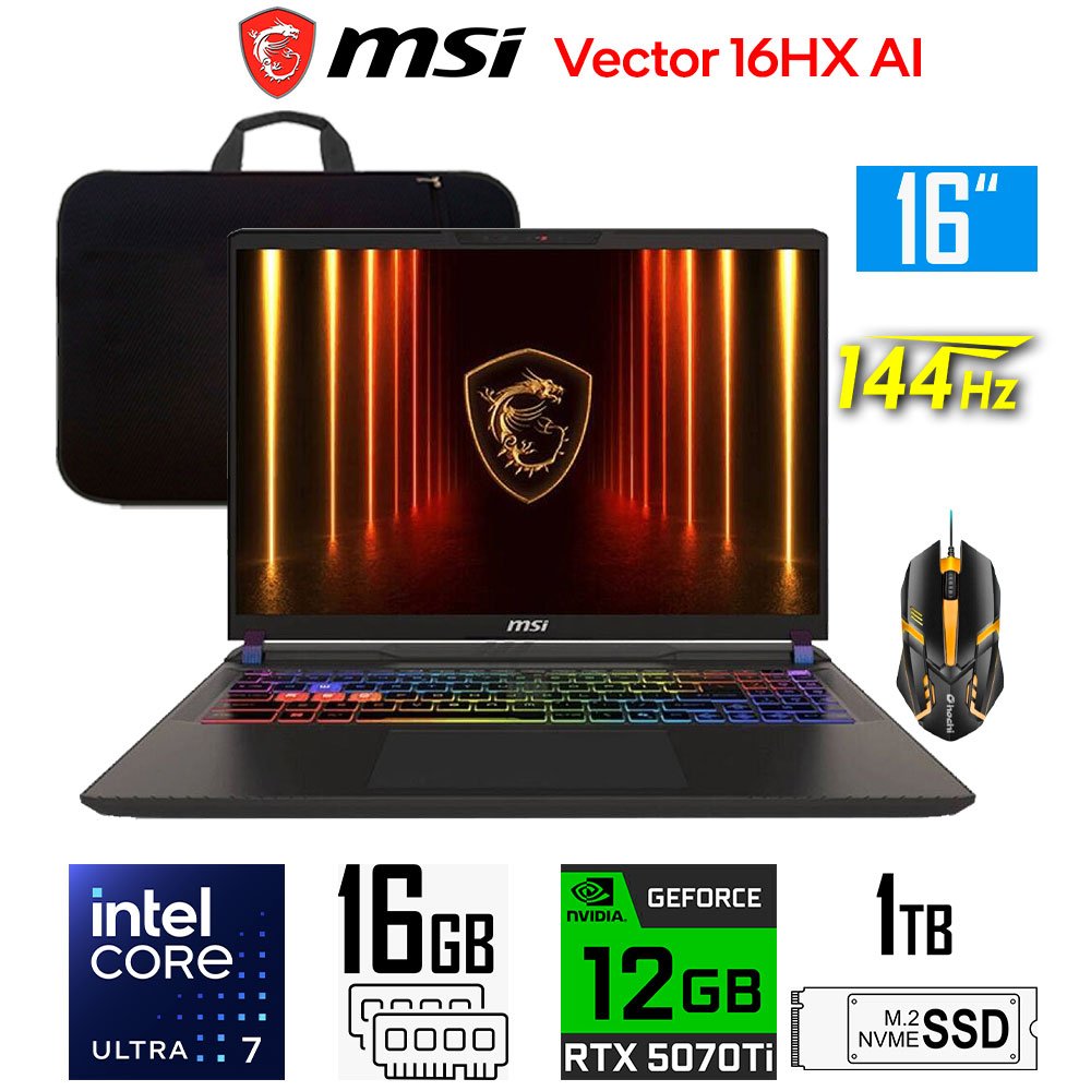 Laptop Gamer MSI Vector 16HX AI, Core Ultra 7-255HX, 12GB RTX5070Ti, 16GB RAM, 1TB SSD, 16" WUXGA 144Hz MSI Vector 16HX AI A2XWHG-275US